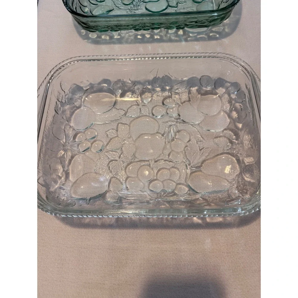 Vintage Libbey Orchard Fruit Baking Dish Set Clear Green Glass Oven Proof 2pc